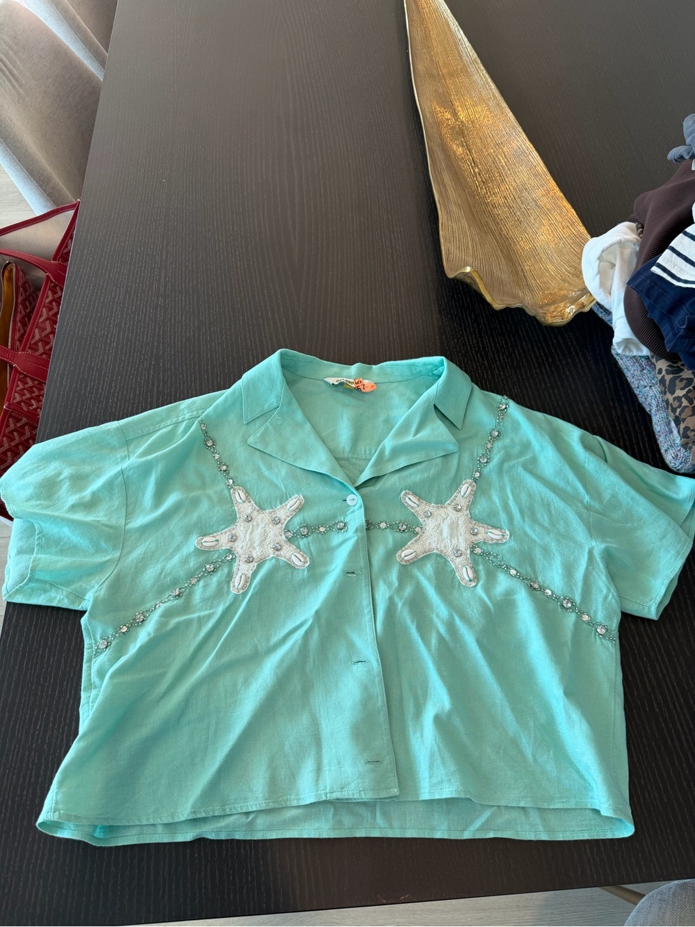 Anthropologie x CELANDINE mermaid CROP LINEN BLEND BUTTONDOWN SHIRT worn once